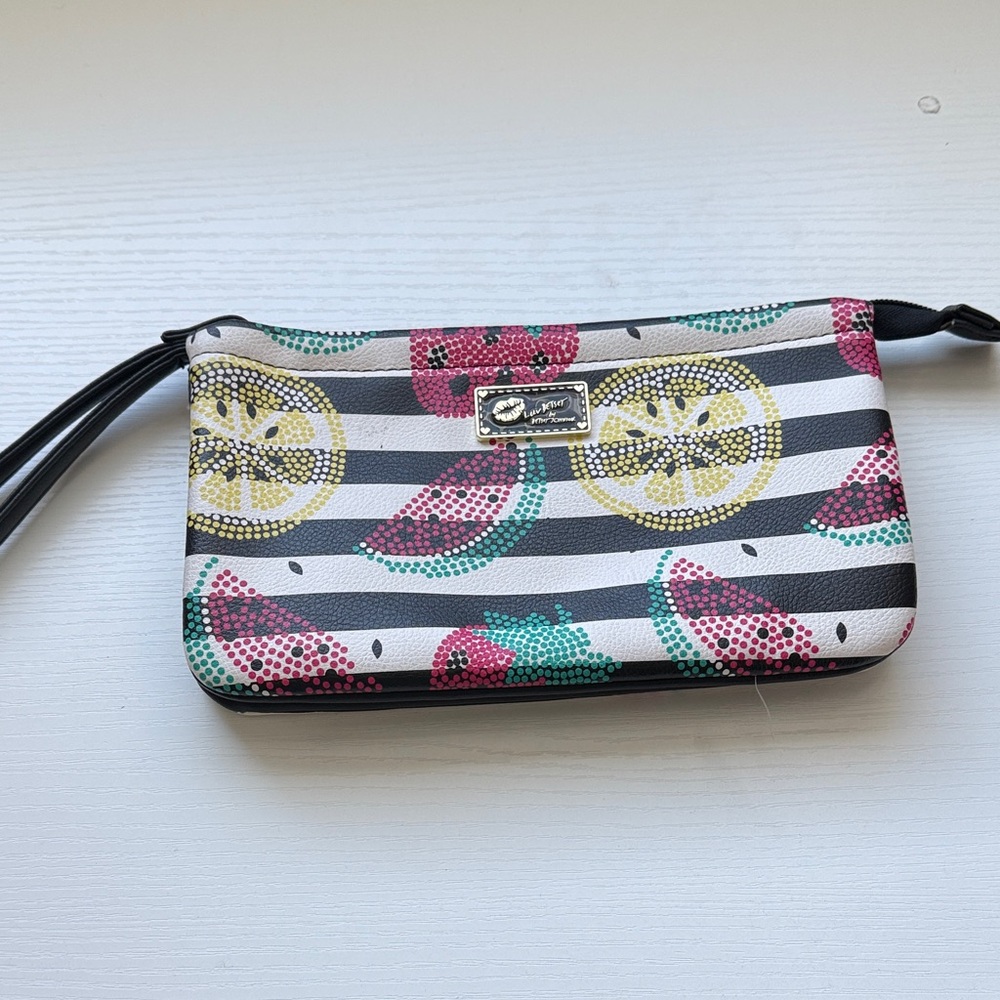 Luv Betsey Johnson fruit black white stripe wallet wristlet